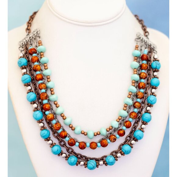 20 inch, Vintage Abstract Stones Stylish Complex Multi Strand Necklace - L28 - Picture 2 of 3